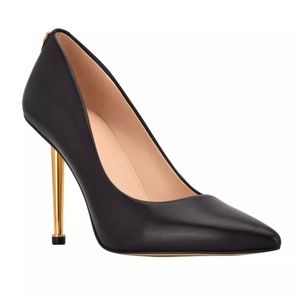 Black leather pointy toe stiletto with gold heels